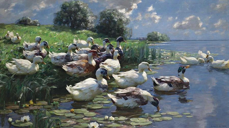 Alexander Koester 1864-1932 GERMAN ENTEN AM SEEUFER DUCKS ON A LAKE ...