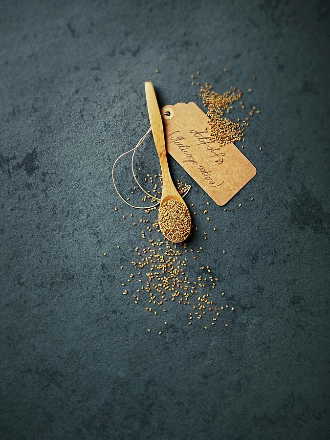Alfalfa Seeds On A Wooden Spoon With A Label Photograph by B.&.e.dudzinski