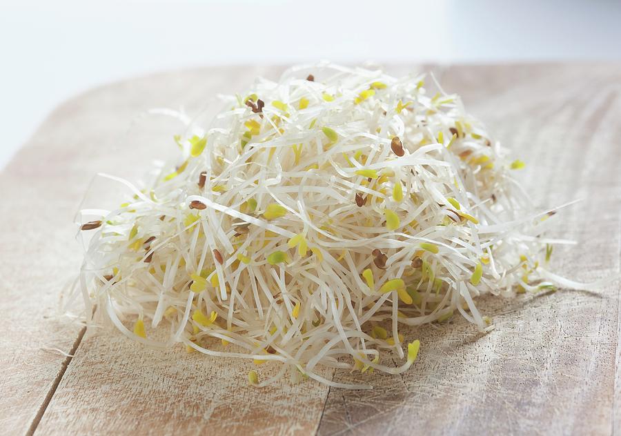Alfalfa Sprouts On A Wooden Board Photograph by Foodografix