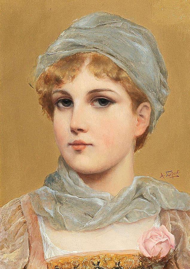 Alfred Seifert Horowitz 1850-1901 Portrait of a girl with a rose, on a ...