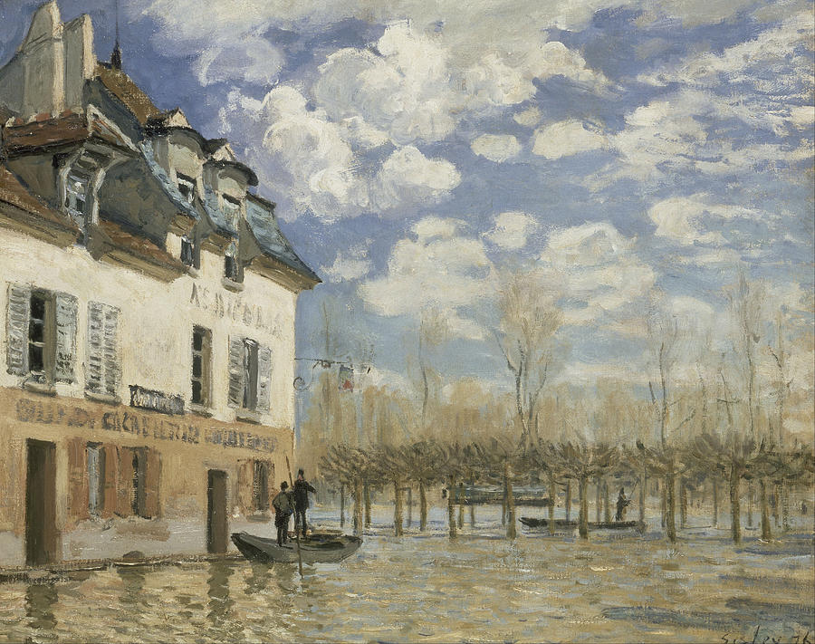 Alfred Sisley La barque pendant linondation, Port-Marly Boat in the Flood at Port Marly, 1876. Painting by Alfred Sisley
