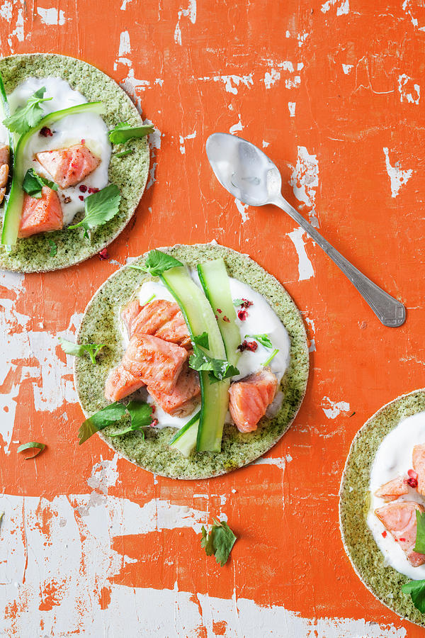 Algae Tacos With Salmon And Cucumber Strips Photograph by Jan Wischnewski