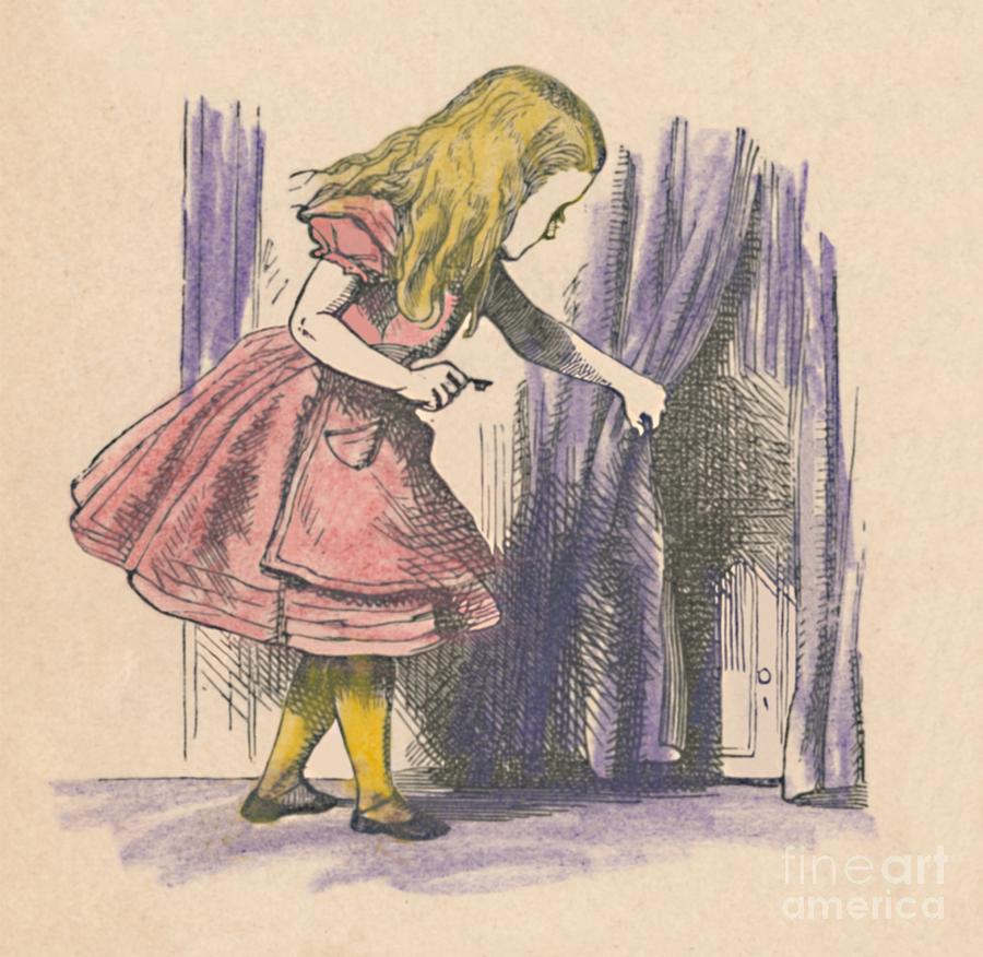 Alice Looking At A Small Door Drawing by Print Collector