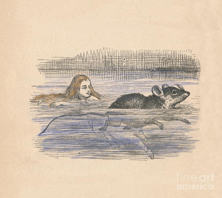 Alice Swimming With A Mouse In A Pool Drawing by Print Collector