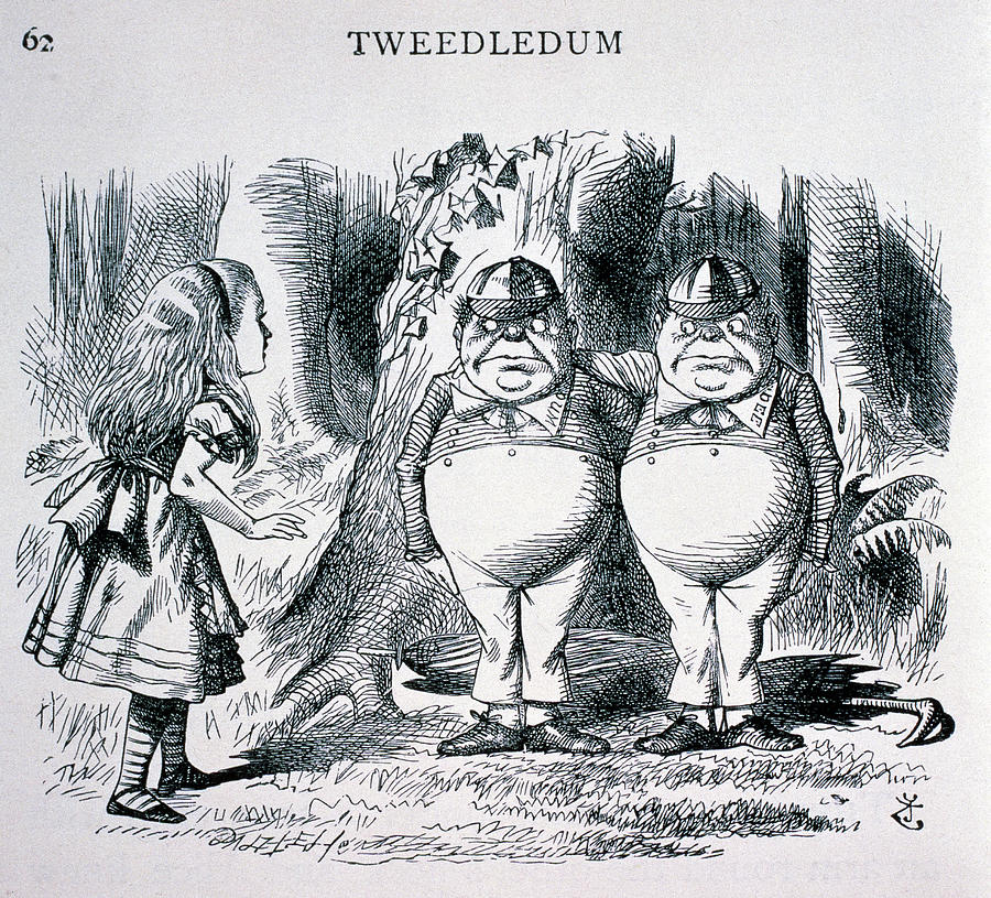 Alice withTweedledum and Tweedledee. Ilustration by by John Tenniel 1871, From the book Alice in... Painting by John Tenniel -1820-1914-