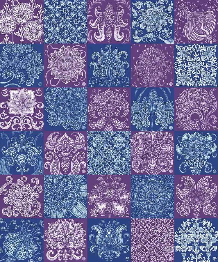 Alien Bloom Patchwork Purple and Blue Drawing by Amy E Fraser