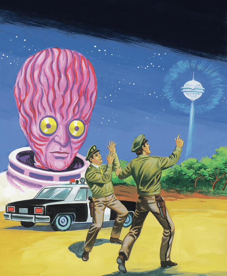 Madness Drawing - Alien Spaceship and Two Policemen by CSA Images
