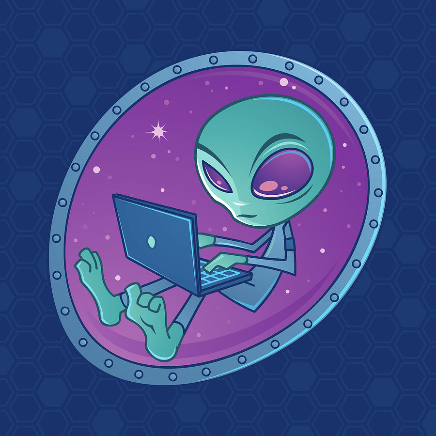 Space Digital Art - Alien with Laptop Computer by John Schwegel