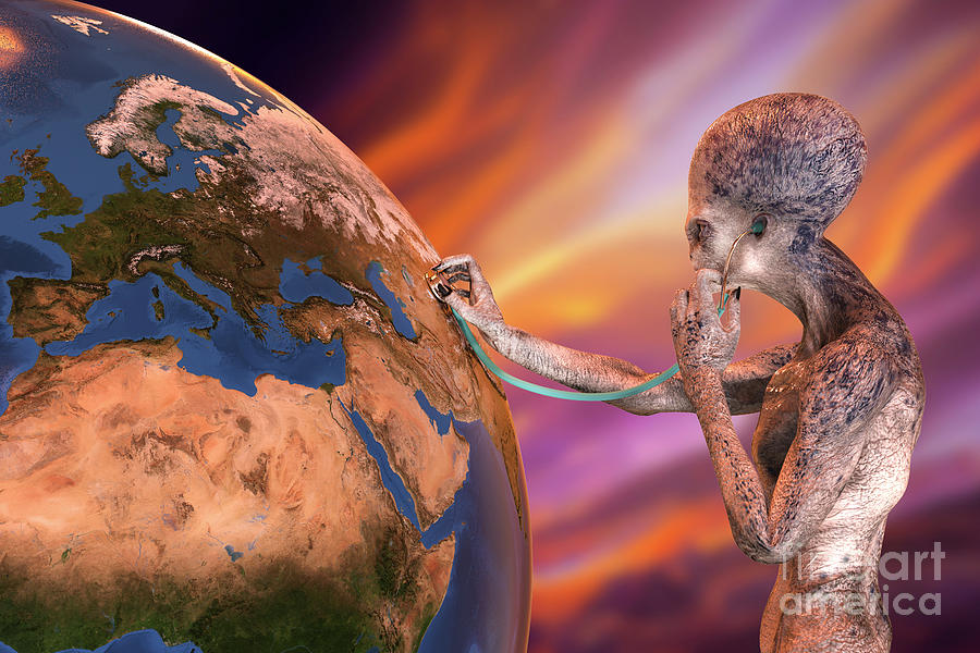 Alien With Stethoscope Listening To The Earth Photograph by Kateryna Kon/science Photo Library