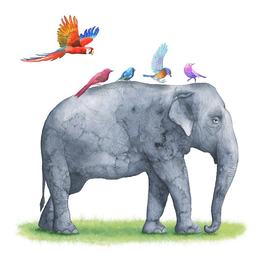 Parrot Painting - All Aboard The Exotic Elephant Taxi Service by Little Bunny Sunshine
