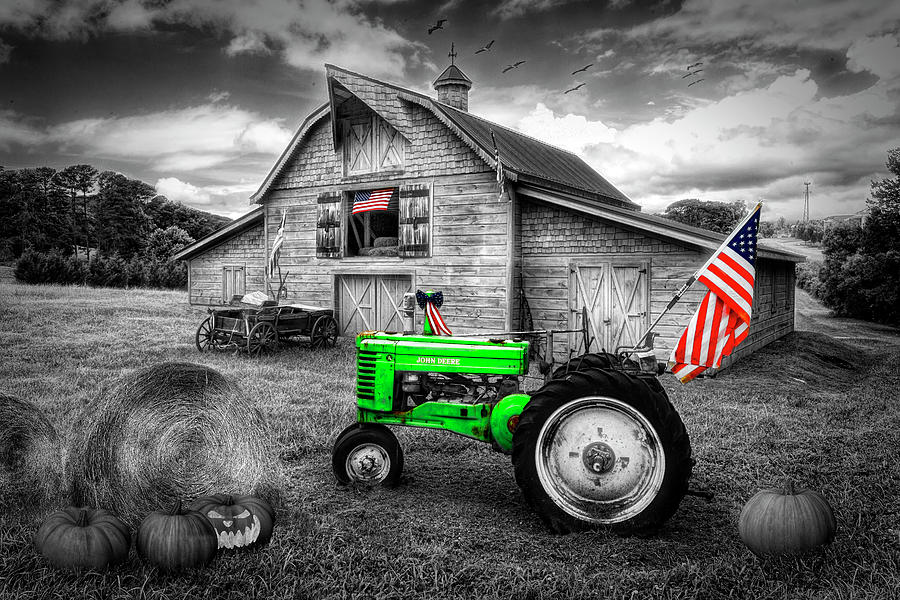 All American Farm in Black and White with Color Selected Flags a Photograph by Debra and Dave Vanderlaan