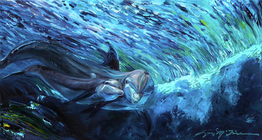 Dolphin Painting - All My Waves Mother And Baby Bottlenose Dolphin by Lucy P. Mctier