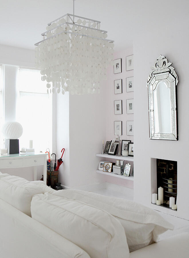 Furniture Photograph - All White Living Room With Decorative Light Shade Artwork And Silver Embossed Mirror by Brent Narratives / Darby