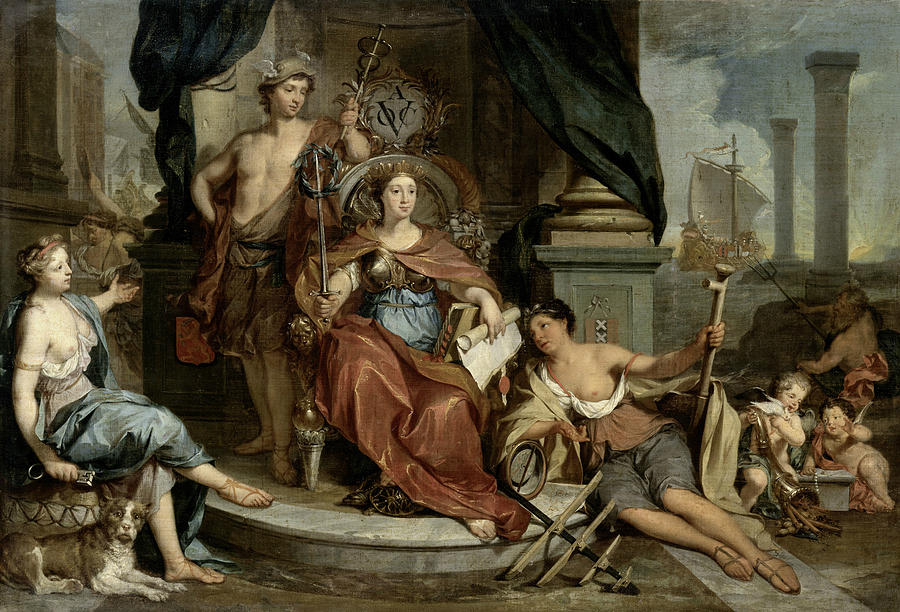 Allegorical representation of the Amsterdam Chamber of the Dutch East India Company Painting by Nikolaas Verkolje