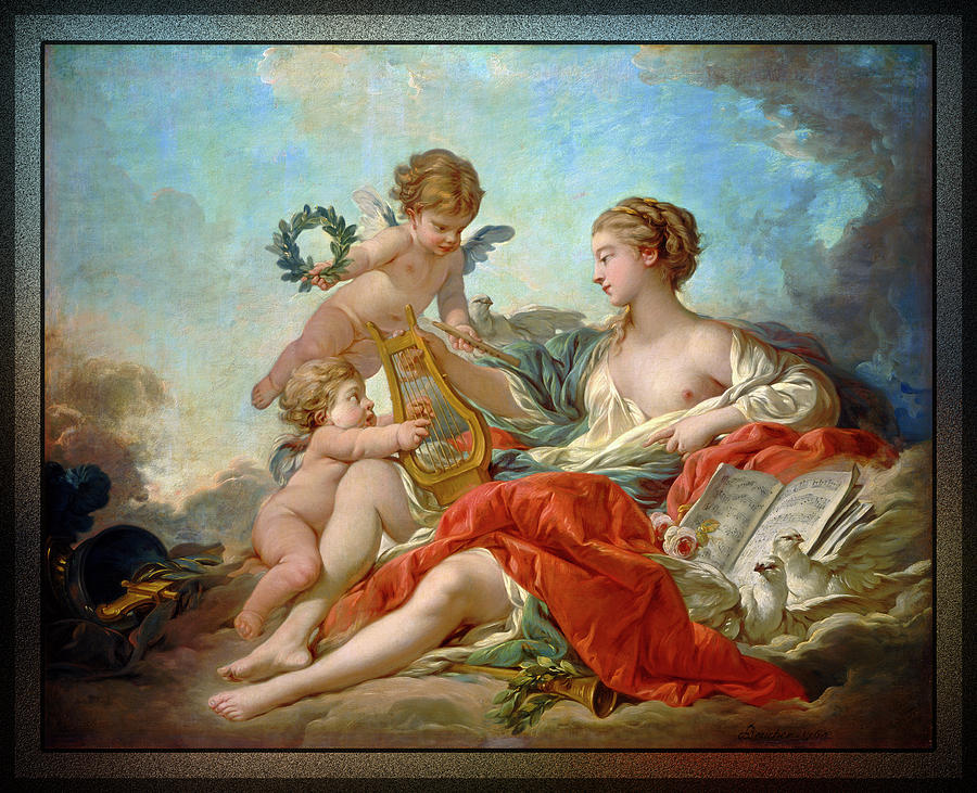 Oil painting francois boucher Allegory of Music Venus with angels birds canvas 