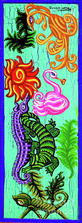 Alligator Seahorse Chameleon And Birds Painting by Genevieve Esson