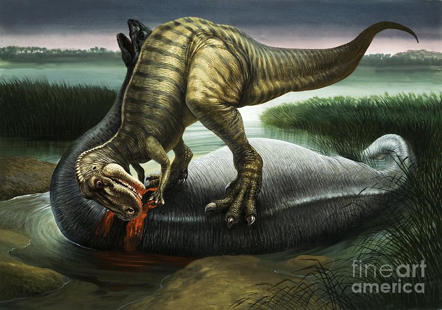 Allosaurus Eating An Apatosaurus Painting by English School