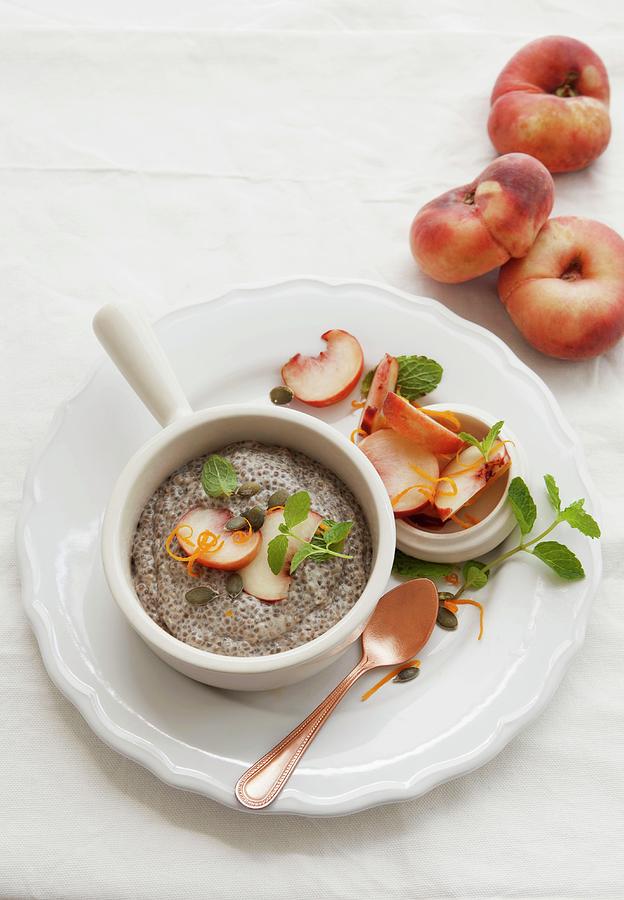 Almond, Coconut And Chia Seed Pudding With Peach And Mint Salsa Photograph by Great Stock!