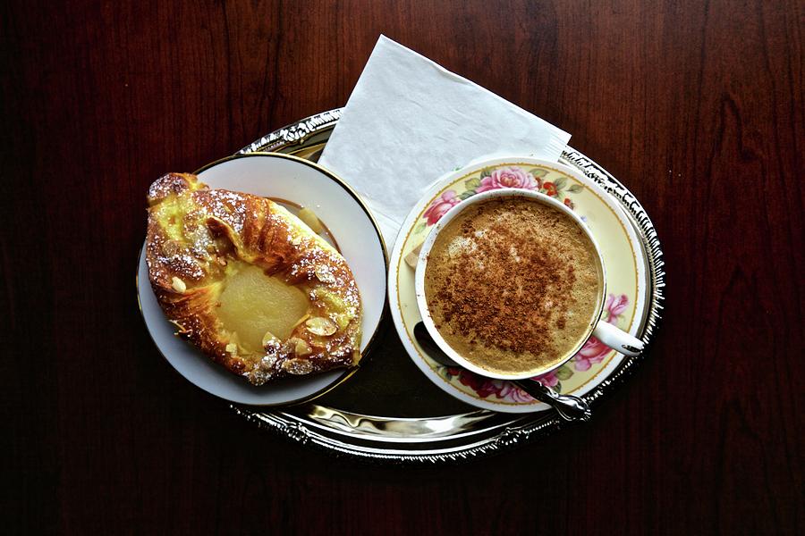 Almond Croissants With Pear And Cappuccino Coffee Photograph by Andre Baranowski