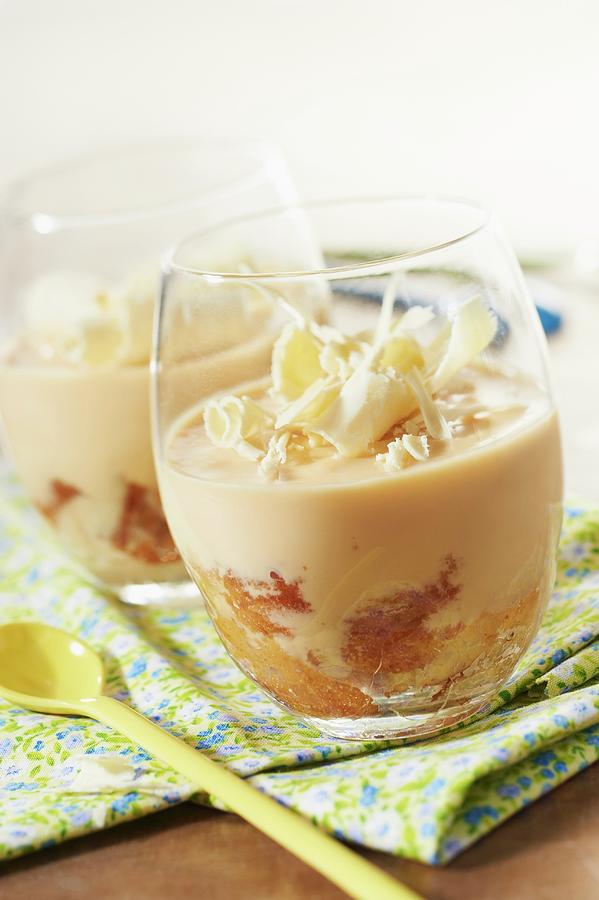 Almond-flavored Coffee Cream Dessert With White Chocolate Flakes Photograph by Barret