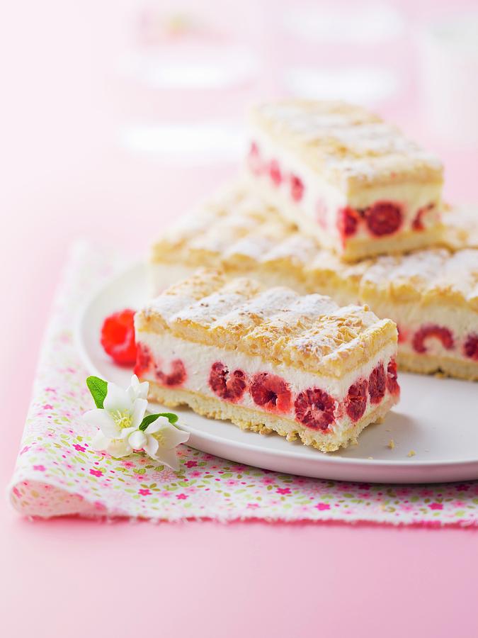 Almond Macaroon Biscuit, Vanilla Mousse And Raspberry Cake Photograph by Roulier-turiot