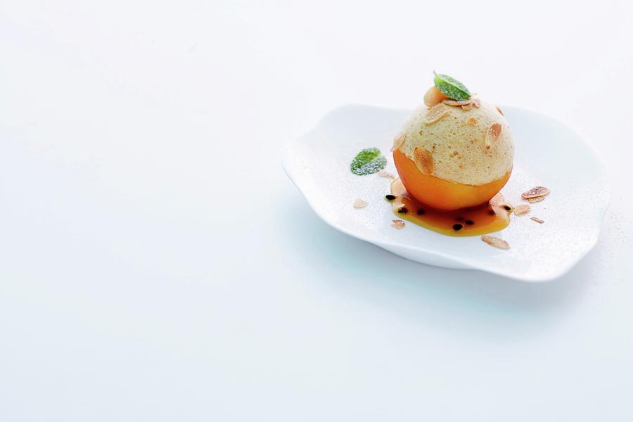 Almond Mousse On A Poached Peach Photograph by Michael Wissing