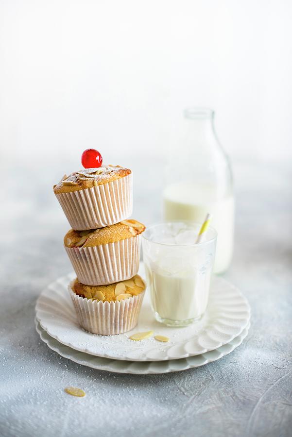 Almond Muffins With Cocktail Cherries And Milk Photograph by Magdalena Hendey
