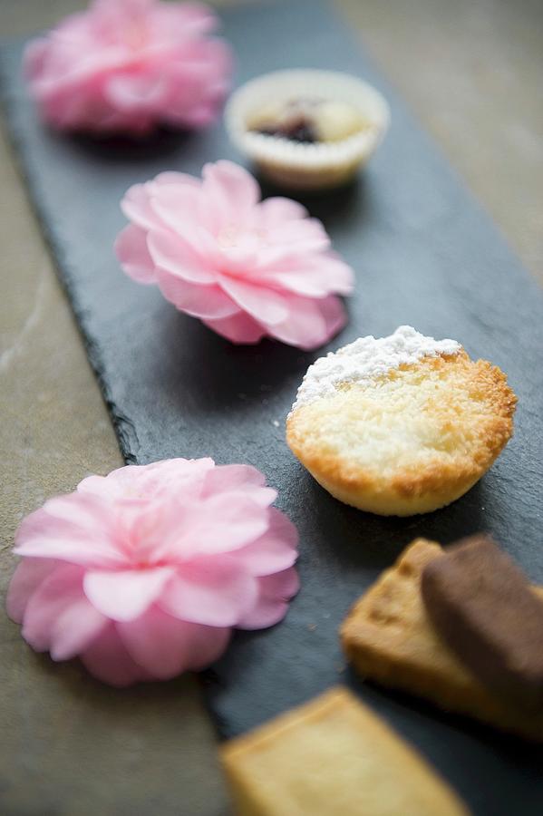 Almond Tartlets Between Pink Flowers Photograph by Frederic Vasseur