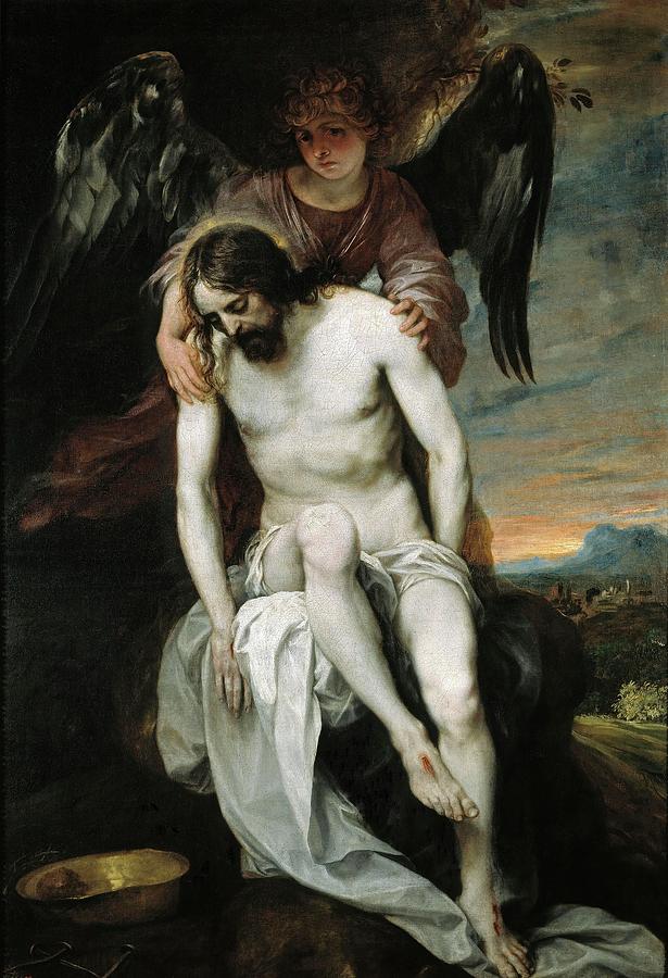 Alonso Cano / Dead Christ held by an Angel, 1646-1652, Spanish School. CRISTO MUERTO. Painting by Alonso Cano -1601-1667-