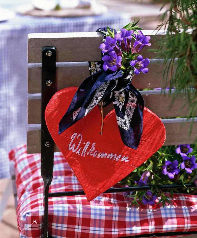 Alpine Flair With Red Wooden Heart With Scarf And Gentiana Scabra Photograph by Friedrich Strauss