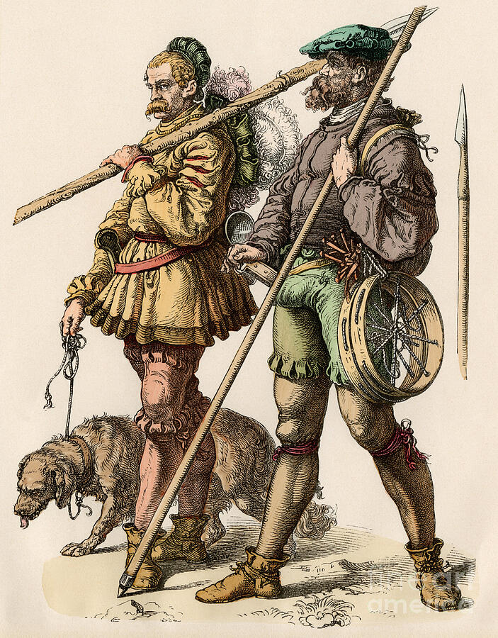 Mountain Drawing - Alpine Hunters In Complete Hunting Suit With Equipment And Hunting Dog In The German Mountains, 16th Century Old Engraving, Colour Setting by American School