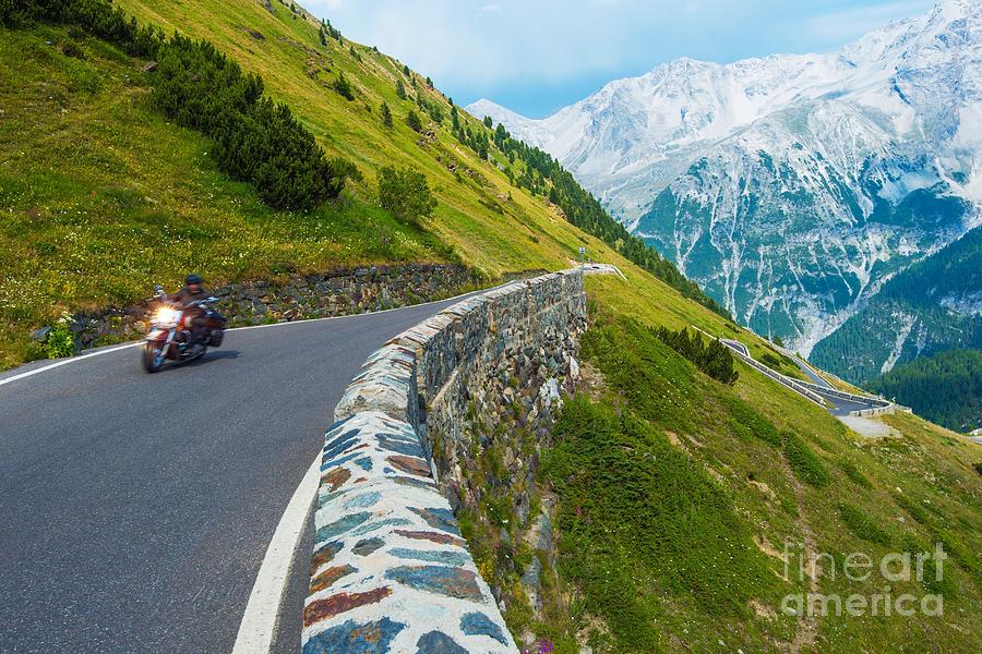 Curved Photograph - Alpine Road Biker. Motorcycle On The by Welcomia Curved Photograph - Alpine Road Biker. Motorcycle On The by Welcomia