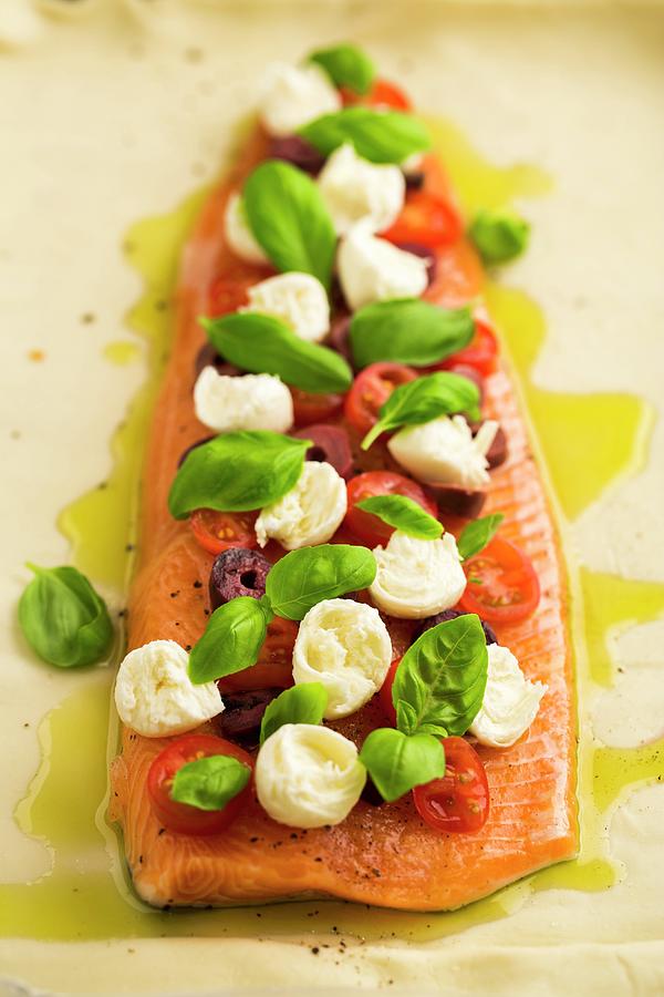 Alpine Salamon With Tomatoes, Mozzarella And Basil ready-to-cook Photograph by Sandra Krimshandl-tauscher