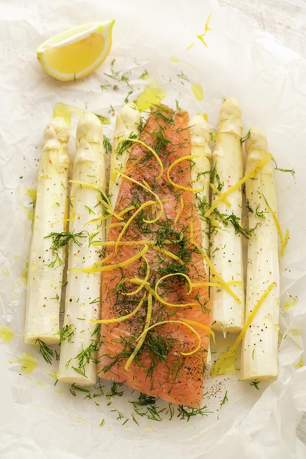 Alpine Salmon With Lemon Zest, Fleur De Sel, Pepper, Olive Oil And Dill On White Asparagus In Parchment Paper for Grilling Photograph by Sandra Krimshandl-tauscher