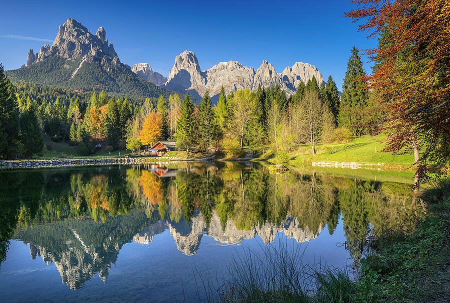 Fall Digital Art - Alps, Dolomites, Welsperg Lake, Italy by Johanna Huber