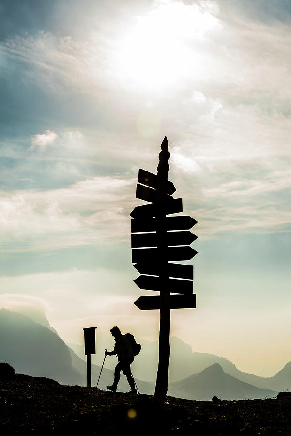 Alps, Hiker At Signpost, Sunrise Digital Art by Helge Bias