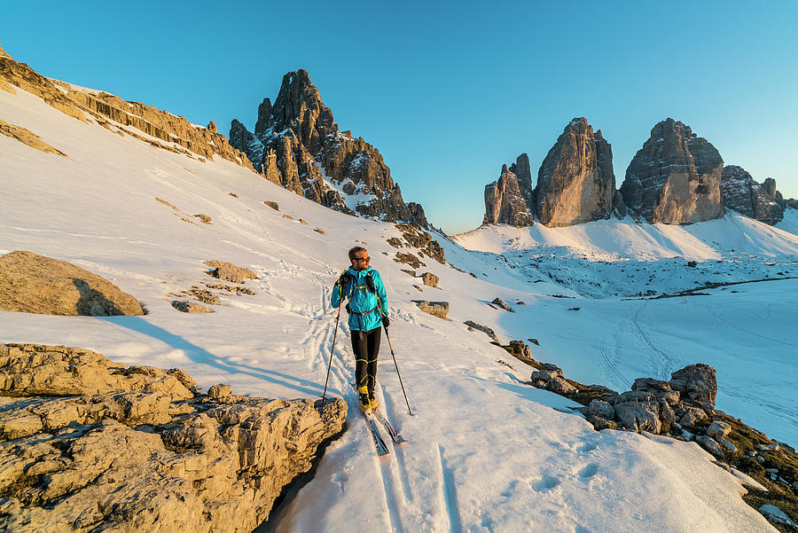 Alps, Ski Hiker At Sunset, Italy Digital Art by Manfred Bortoli