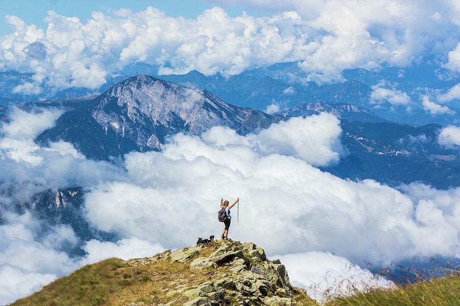 Alps, Woman Hiker Standing On A Rock Digital Art by Manfred Bortoli