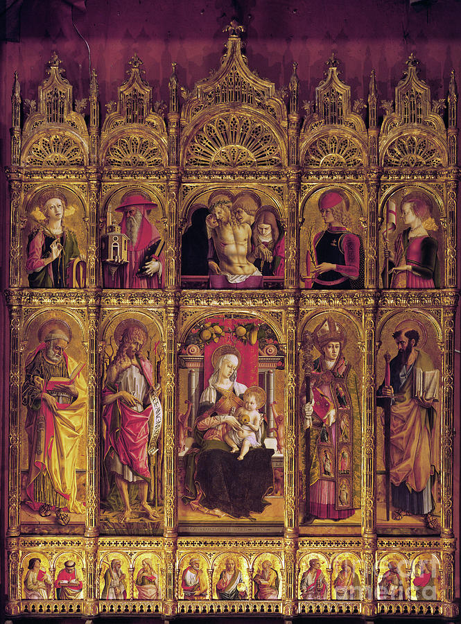 Fruit Painting - Altarpiece Of St Emidio, Polyptych: The Pieta And The Virgin With Child Between The Saints, C. 1430-95 by Carlo Crivelli