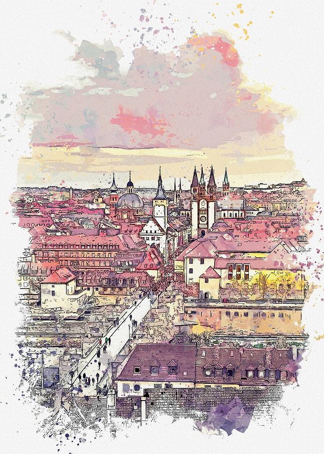 Alte Mainbrucke, Wurzburg, Germany 2 -  watercolor by Adam Asar Painting by Celestial Images