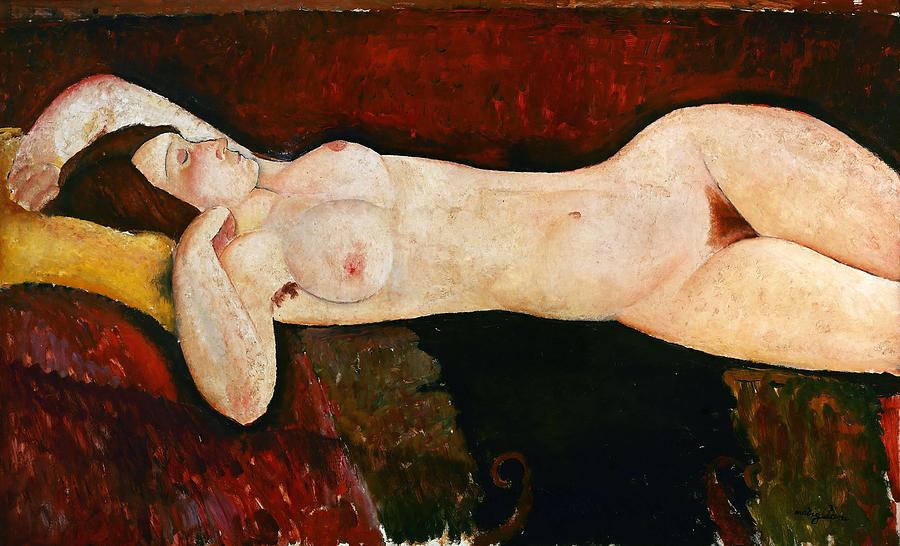 Amadeo Modigliani / Reclining Nude, c. 1919, Oil on canvas, 57 x 114 cm. Painting by Amedeo Modigliani -1884-1920-