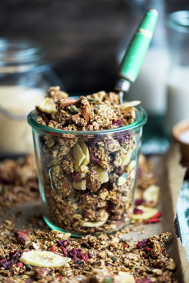 Amaranth And Nutbutter Granola With Dried Fruit In A Jar vegan Photograph by Great Stock!