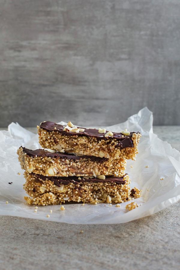 Amaranth Bars With Chocolate And Cashew Nuts, Sliced Photograph by Tina Engel