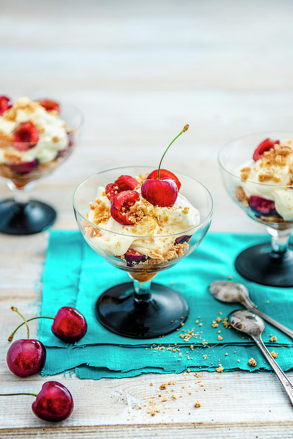 Amaretti Crushed Biscuits With Mascarpone Cream And Fresh Cherries Photograph by Magdalena Hendey