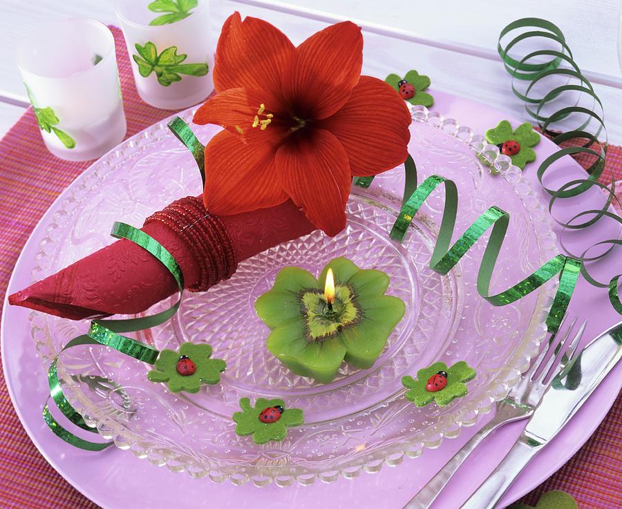 Amaryllis & 4-leaf Clover Candle new Year Plate Decoration Photograph by Strauss, Friedrich