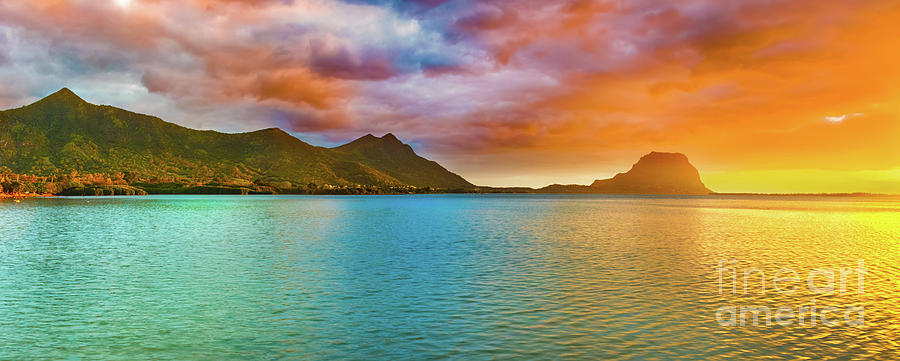 Amazing Landscape. Le Morne Brabant At Sunset. Mauritius. Panora Photograph