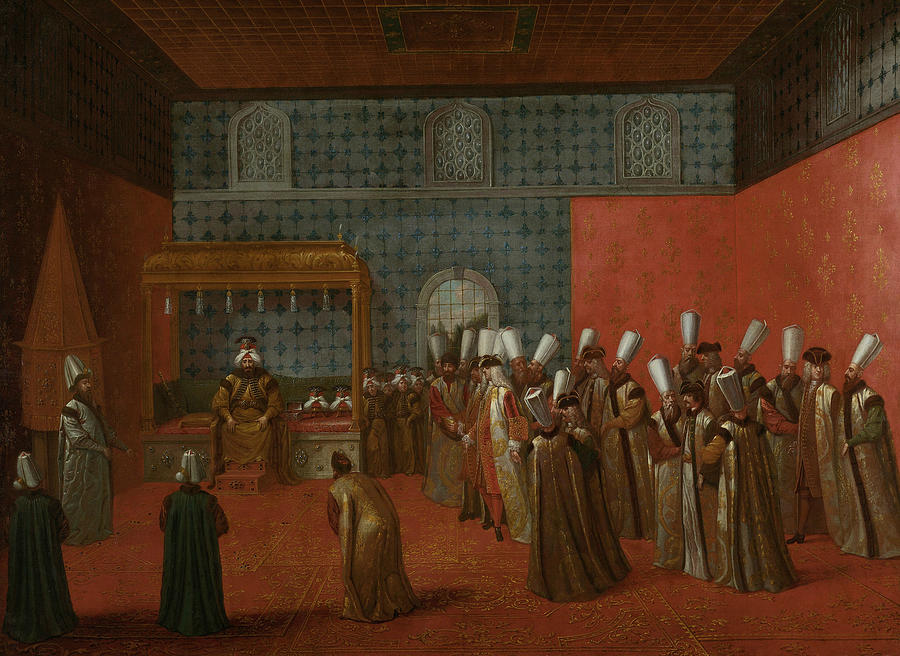 Ambassador Cornelis Calkoen on audience with Sultan Ahmed III Painting by Jean Baptiste Vanmour