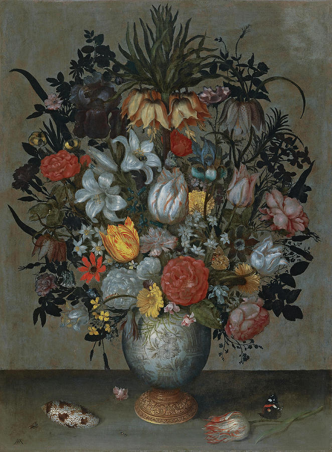 Ambrosius Bosschaert I -Antwerp, 1573-The Hague, 1621-. Chinese Vase with Flowers, Shell and Inse... Painting by Ambrosius Bosschaert -1573-1621-