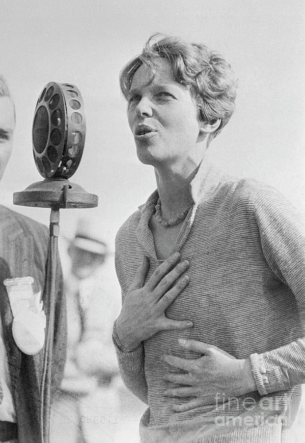 Pasadena Photograph - Amelia Earhart Speaking Into Microphone by Bettmann