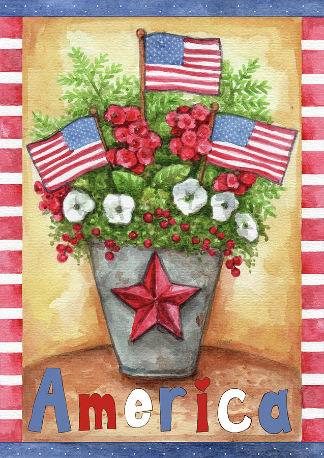 Fourth Of July Painting - America Flowers In Bucket Flags by Melinda Hipsher